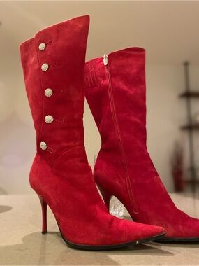 Red Suede Knee-High Stiletto Boots with Decorative Buttons